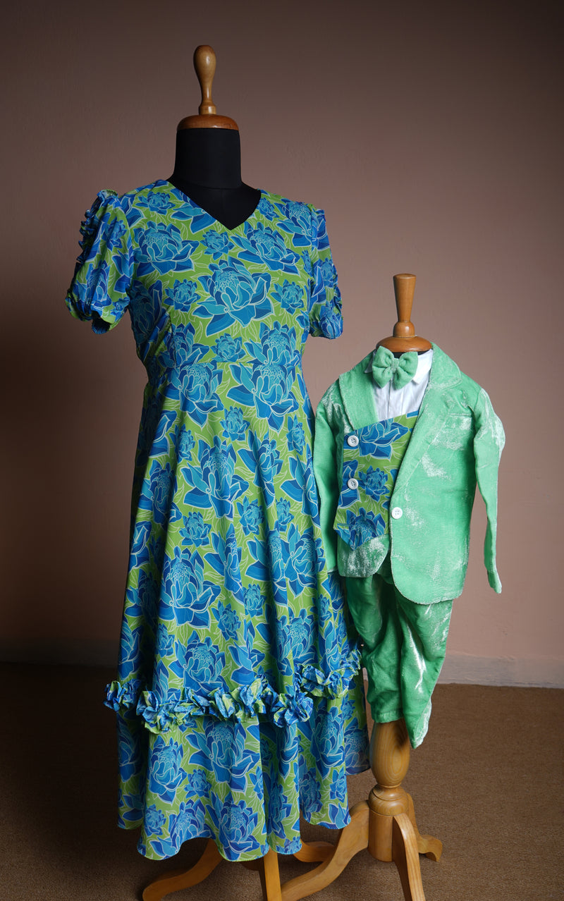 Green Flower Printed Georgette and Green velvet Mom and Son Travel Wear