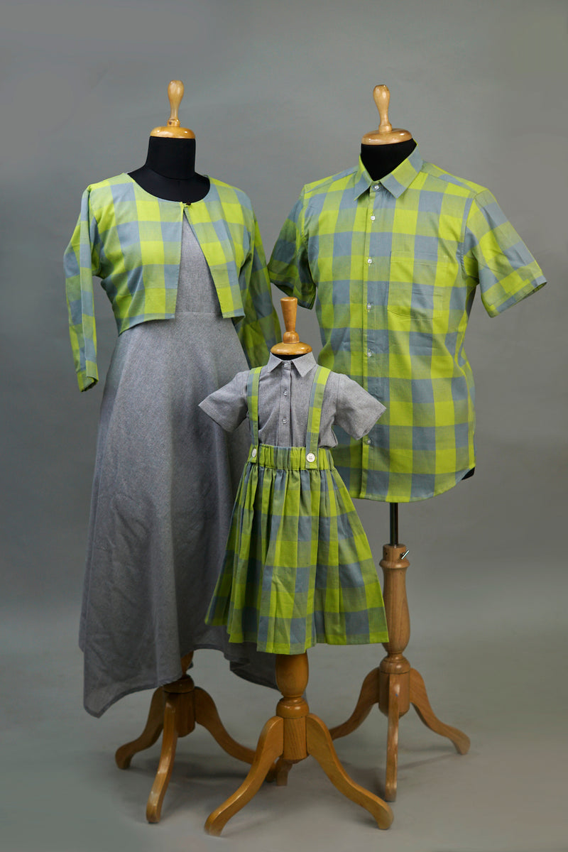 Green Grey checked Family Combo Matching Set