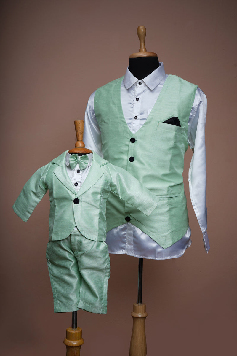 Light Green Rawsilk and White Cotton Shirt  Dad and Son Combo