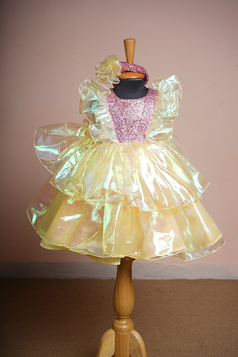 Yellow Silk Organza and Pink Sequin Girl kid Birthday Dress