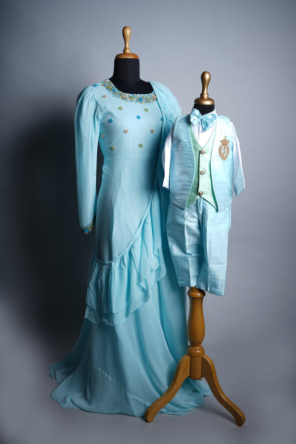 Sky Blue Rawsilk and Plani Georgette with Speacial Embroidery work in Mom and Son Combo