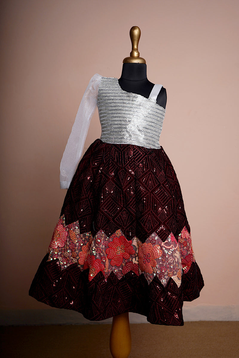 Maroon Sequin Embroiderded Velvet and Embroidered Kali with Special Stone work in Girl kid Birthday Wear