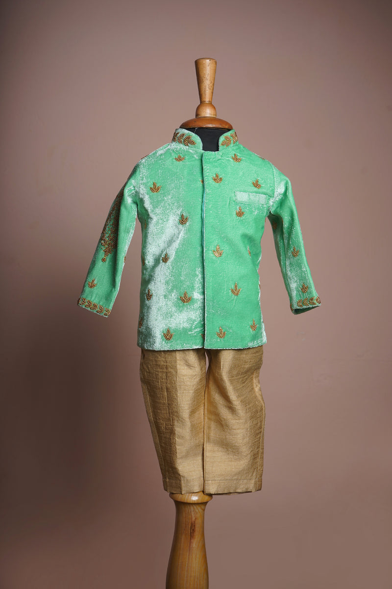 Light Green Velvet and Rawsilk with Special Embroidery work in Boy kid Birthday Wear