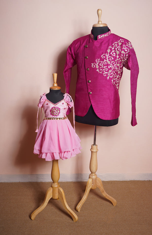 Dark Pink Rawsilk and Light Pink Plain Georgette with Speacial Embroidery work in Dad and Daughter Combo