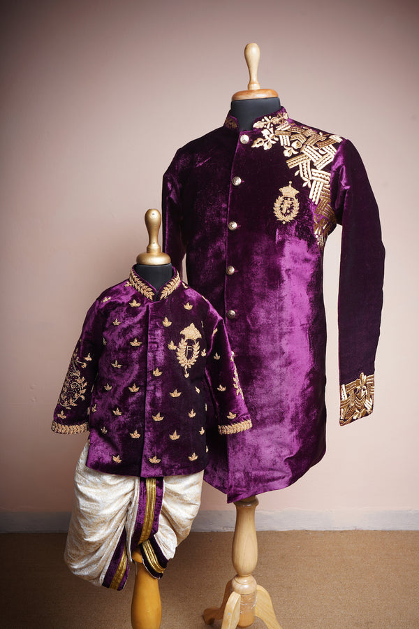 Purple Velvet with Speacial Embroidery work in Dad and Son Combo