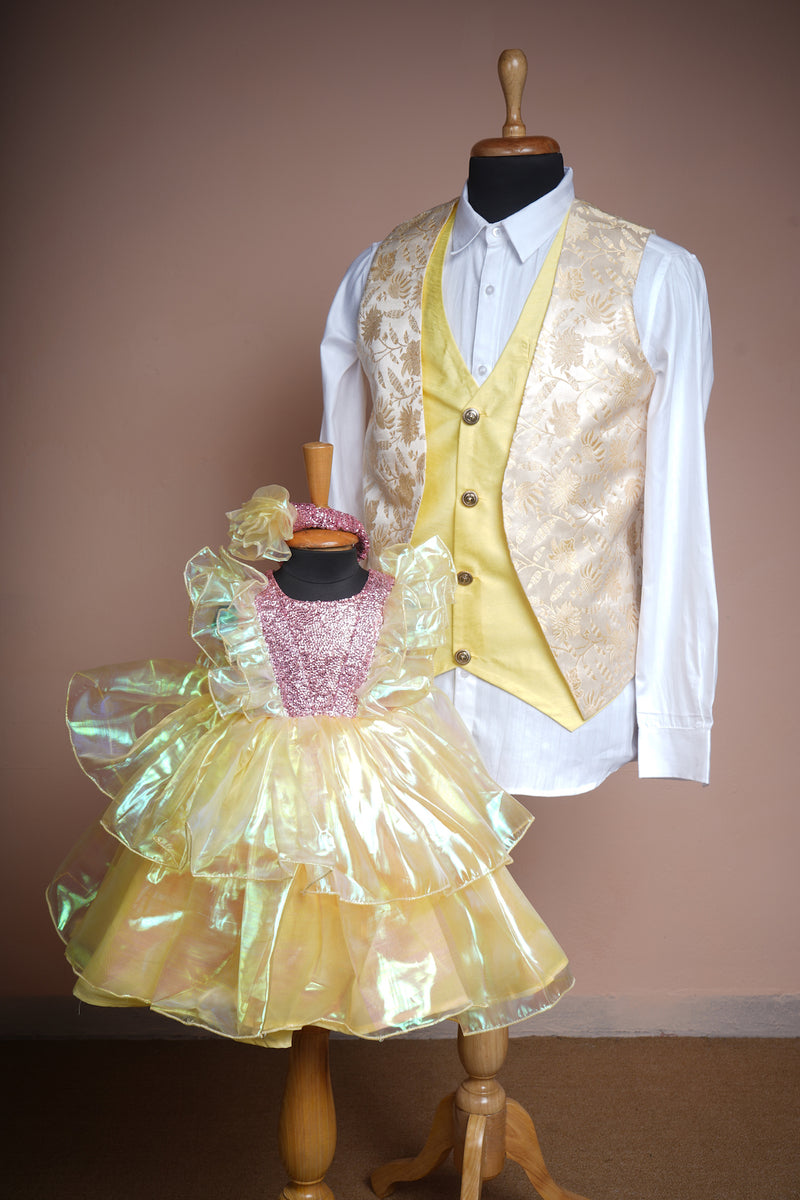 Yellow Jaquard and Silk Organza and Sequin in Dad and Daughter Combo
