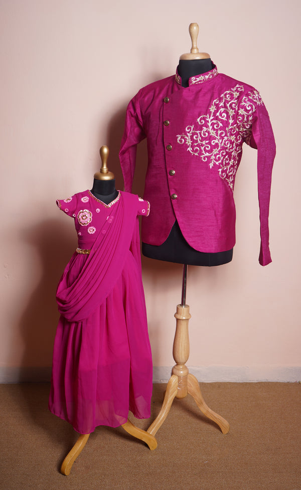 Dark Pink Rawsilk and Plain Georgette with Speacial Embroidery wrok in Dad and Daughter Combo