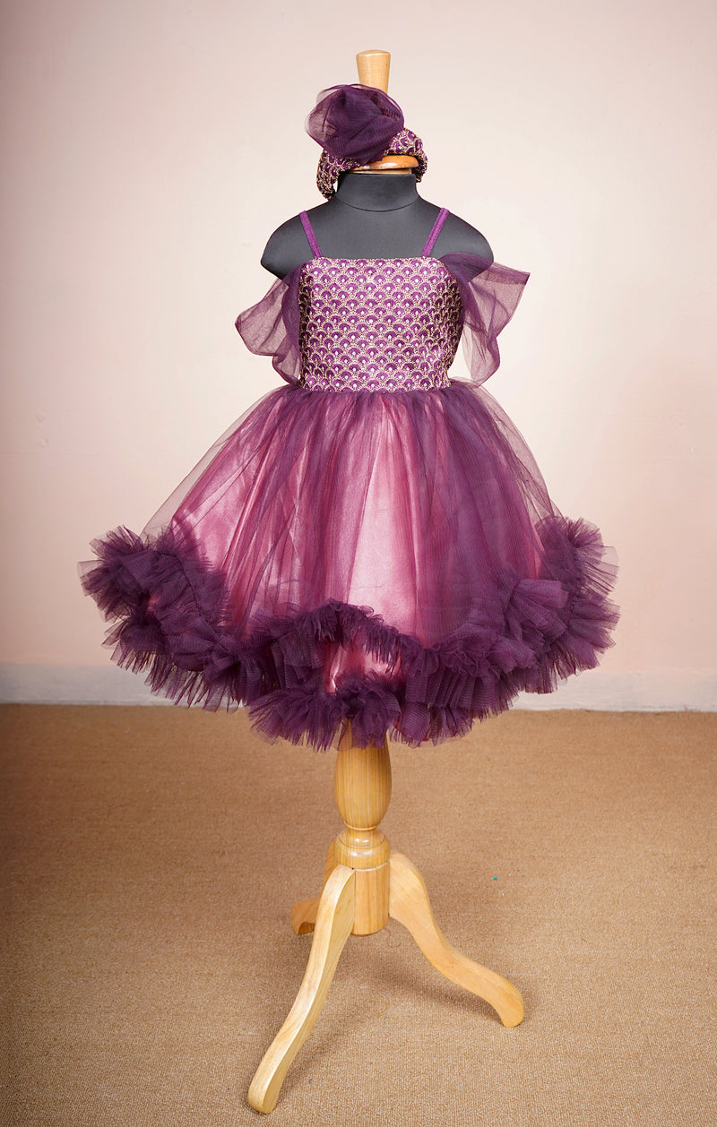 Purple Embroidered Grand Fabric and Plain net Girl kid Birthday Dress