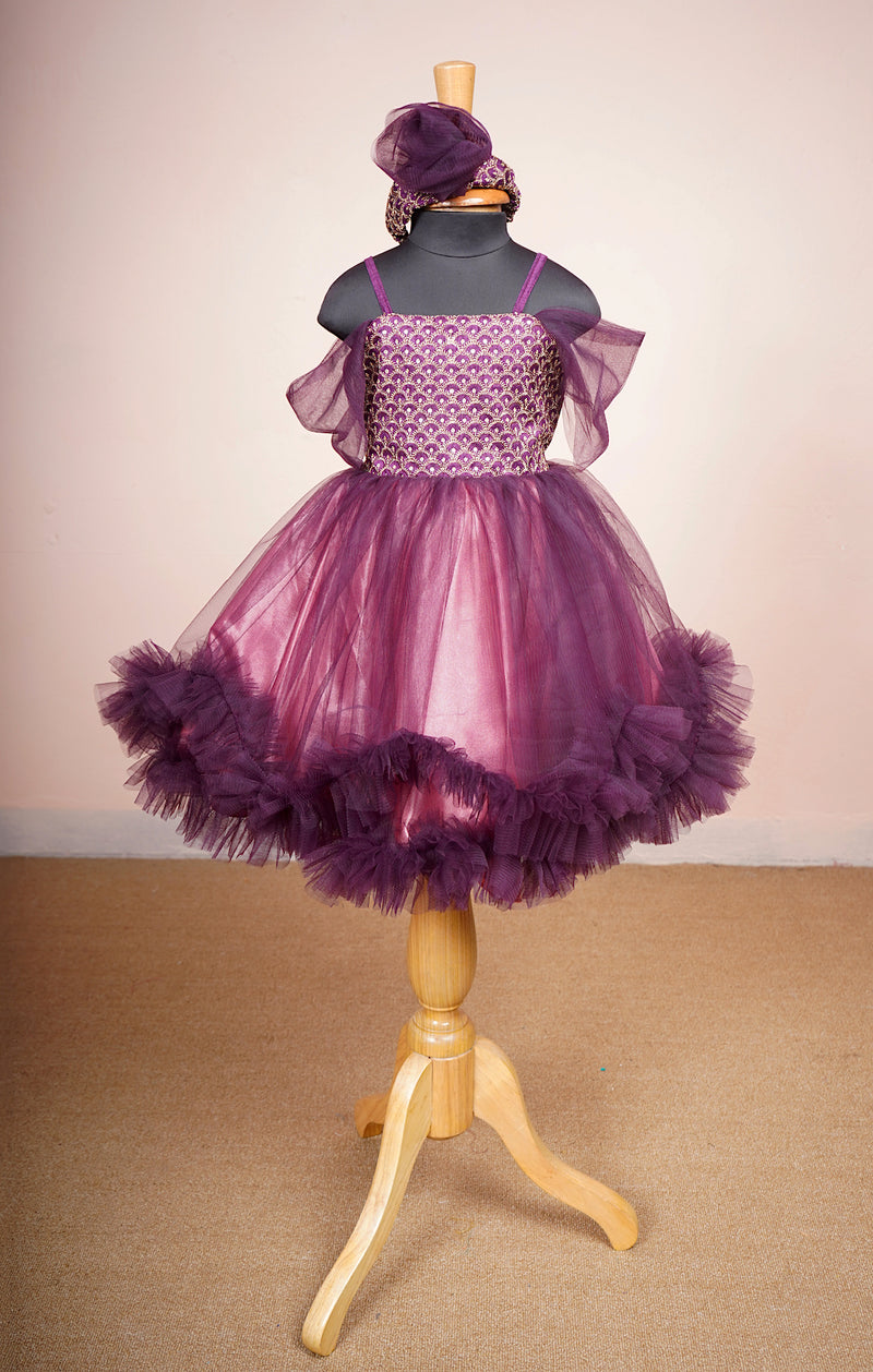 Purple Embroidered Grand Fabric and Plain net Girl kid Birthday Dress – Anveshana Clothing