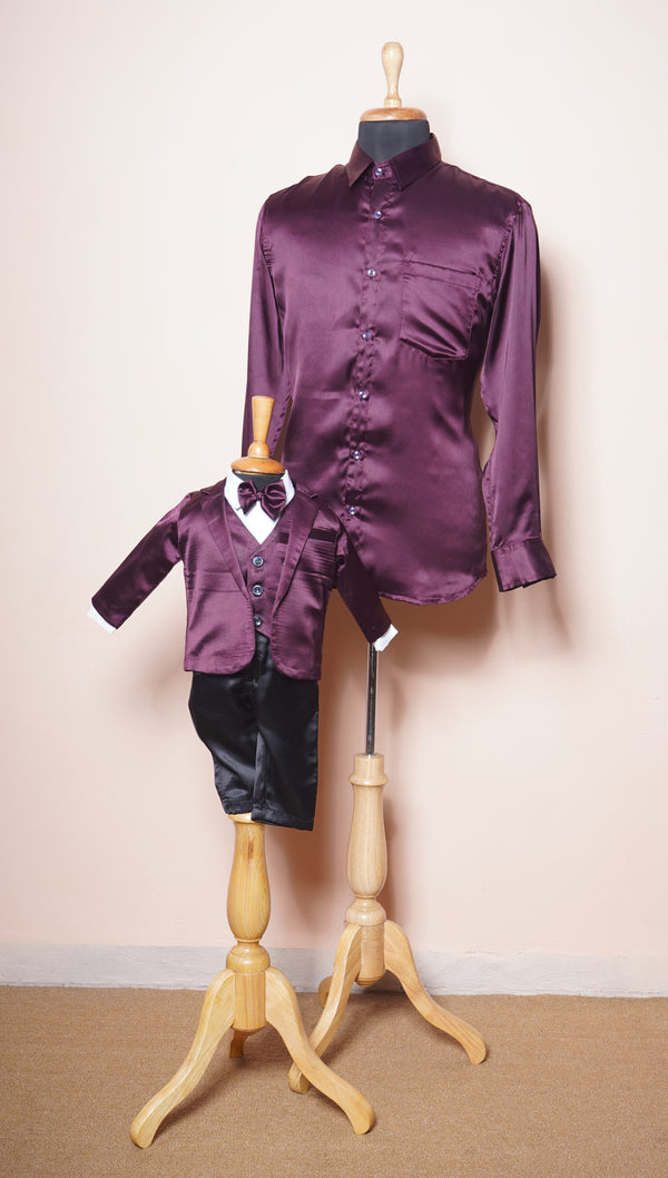 Purple Satin Dad Shirt and Kid Blazer Set Dad and Son Combo