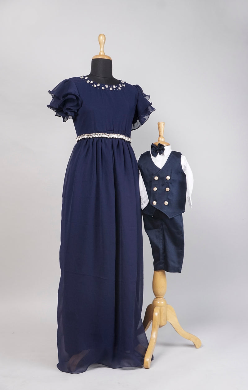Navy Blue With White Formal Mom and Son Combo Matching Set
