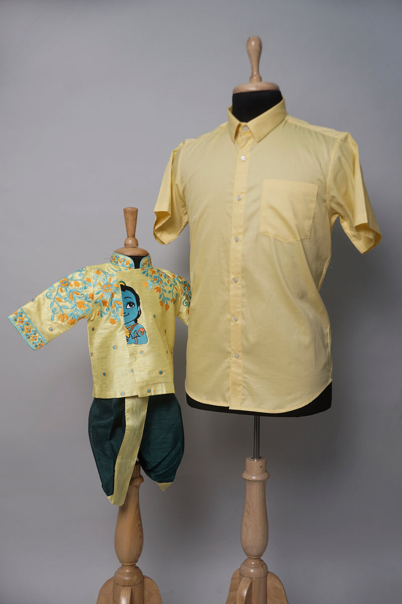 Yellow Krishnan  Embroidered Dad and Son Combo Matching Set