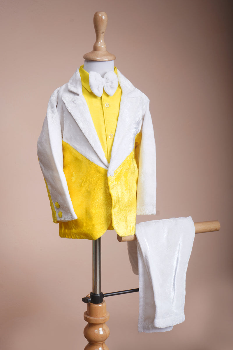 Yellow and White Velvet with Yellow Rawsilk Shirt Boy kid Birthday Wear