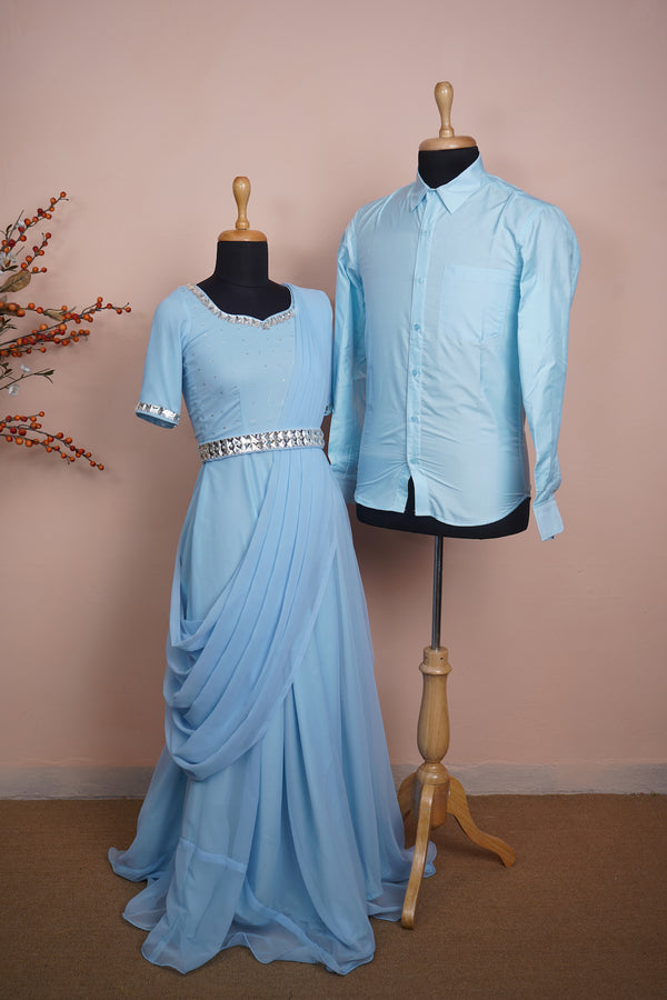 Sky Blue Georgtte and Silk cotton With Stone Belt Couple Clothing