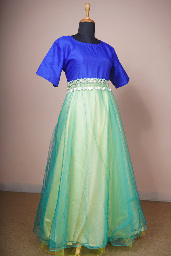 Royal Blue Rawsilk and Green Net Womens Reception Wear