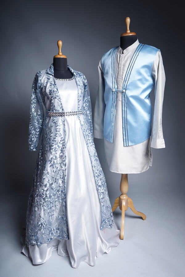 Steel Blue and Silver Rawsilk Mens Suits and Silver Satin and Fancy Embroidered Net Couple Clothing