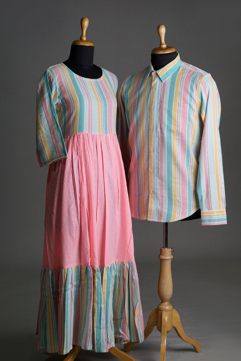 Pink Pastel Stripe Couple Combo Matching Set