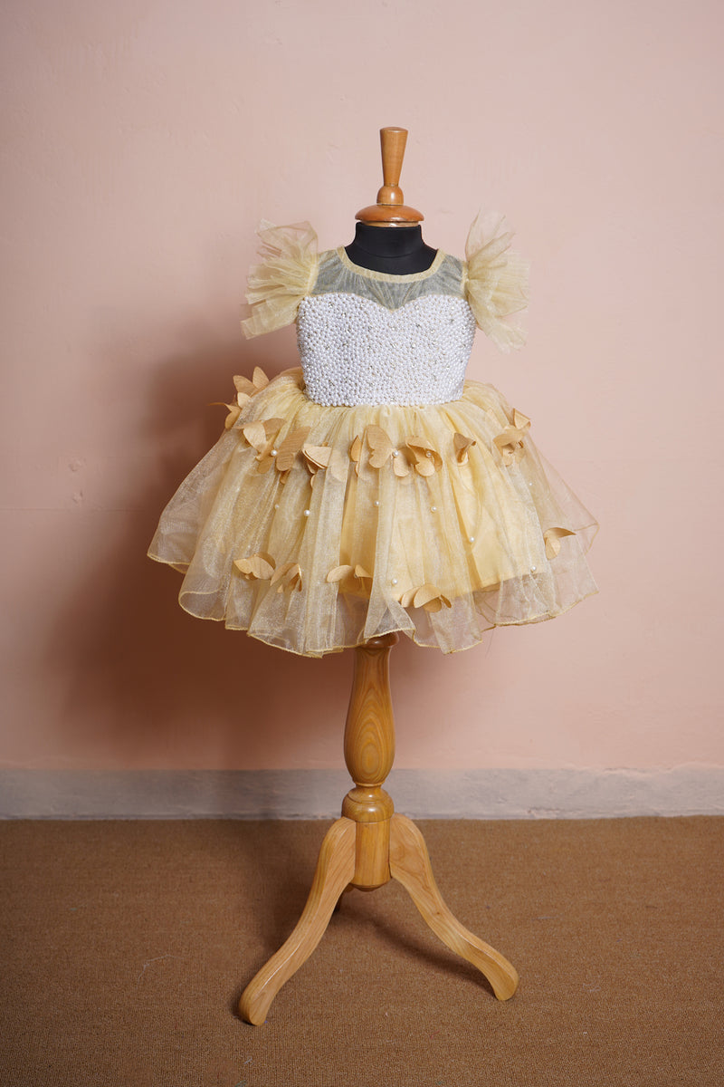Gold Plain Net With Speacial pearl Work in Girl Kid Birthday Dress