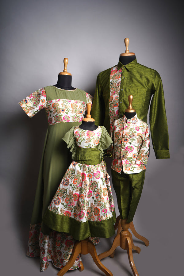 Green Rawsilk and Bahubali Brocade Family Combo