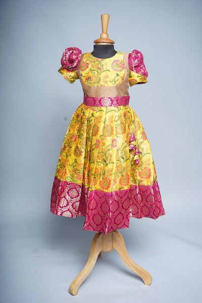 Yellow and Pink Brocade Girl kid Birthday Dress