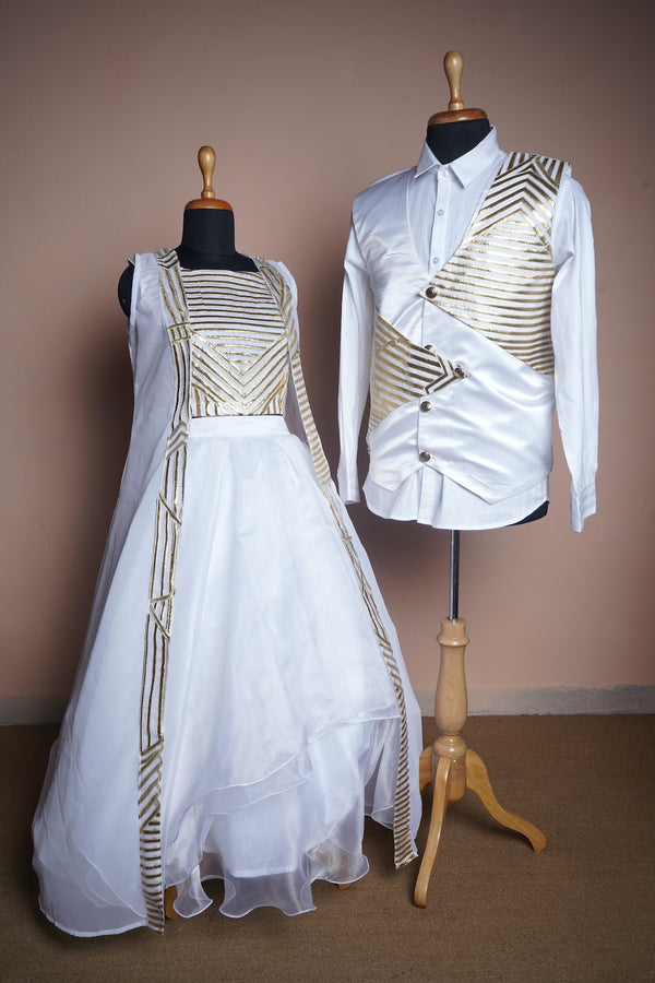 White Satin and Organza and Gold Stripes Kali Fabric Couple Clothing