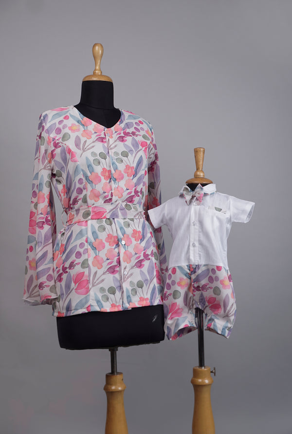 Pink & White Georgette Mom and Son Combo Matching Set
