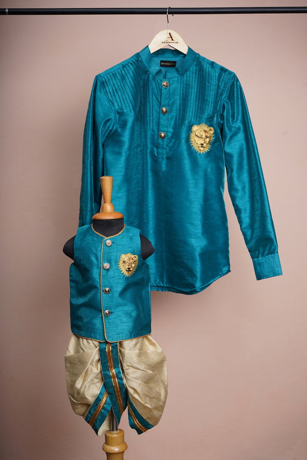Peacock Blue and Gold Rawsilk with Special Lion Embroidery work in Dad and Son Combo