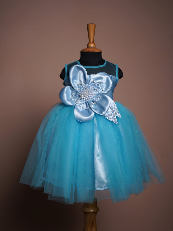 Sky Blue Satin and Plain net and Georgette with Special Pearl work in Girl kid Birthday Wear