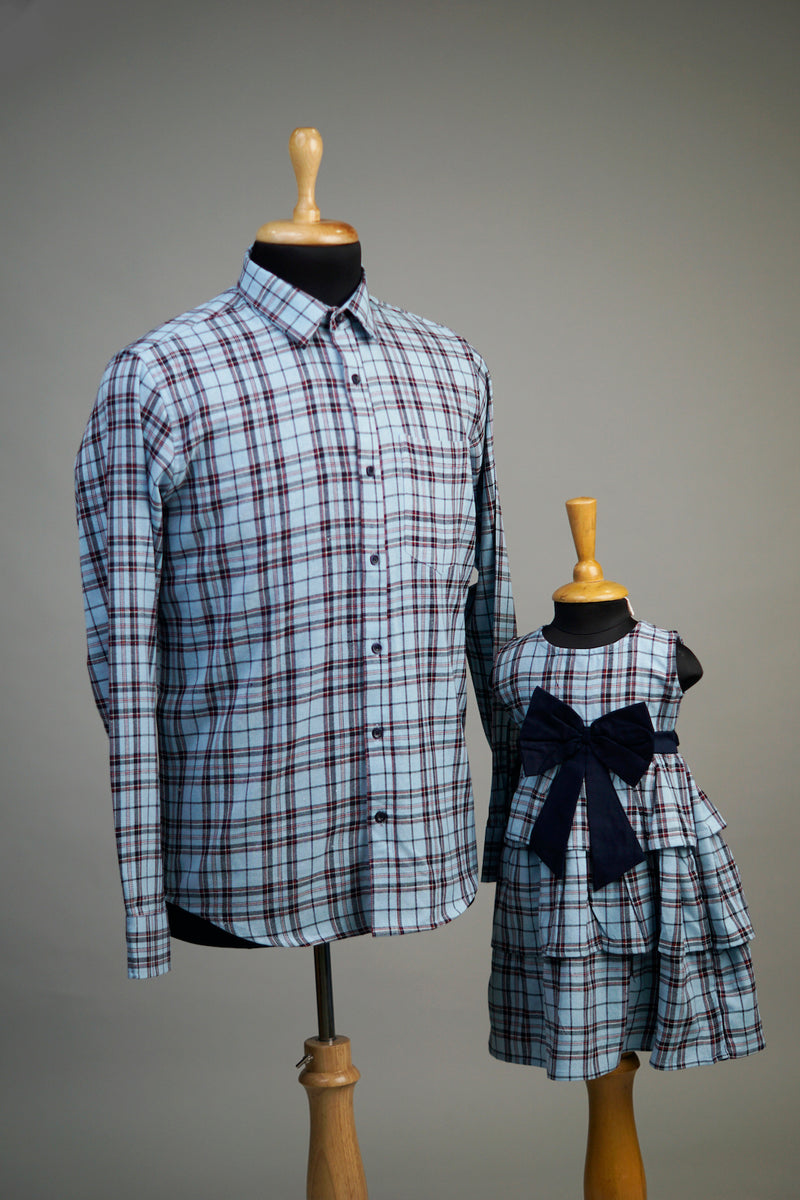 Powder Blue Checked Dad &  Daughter Combo Matching Set
