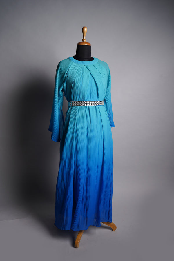Blue Dual Tone Pleated Georgette Women Dress