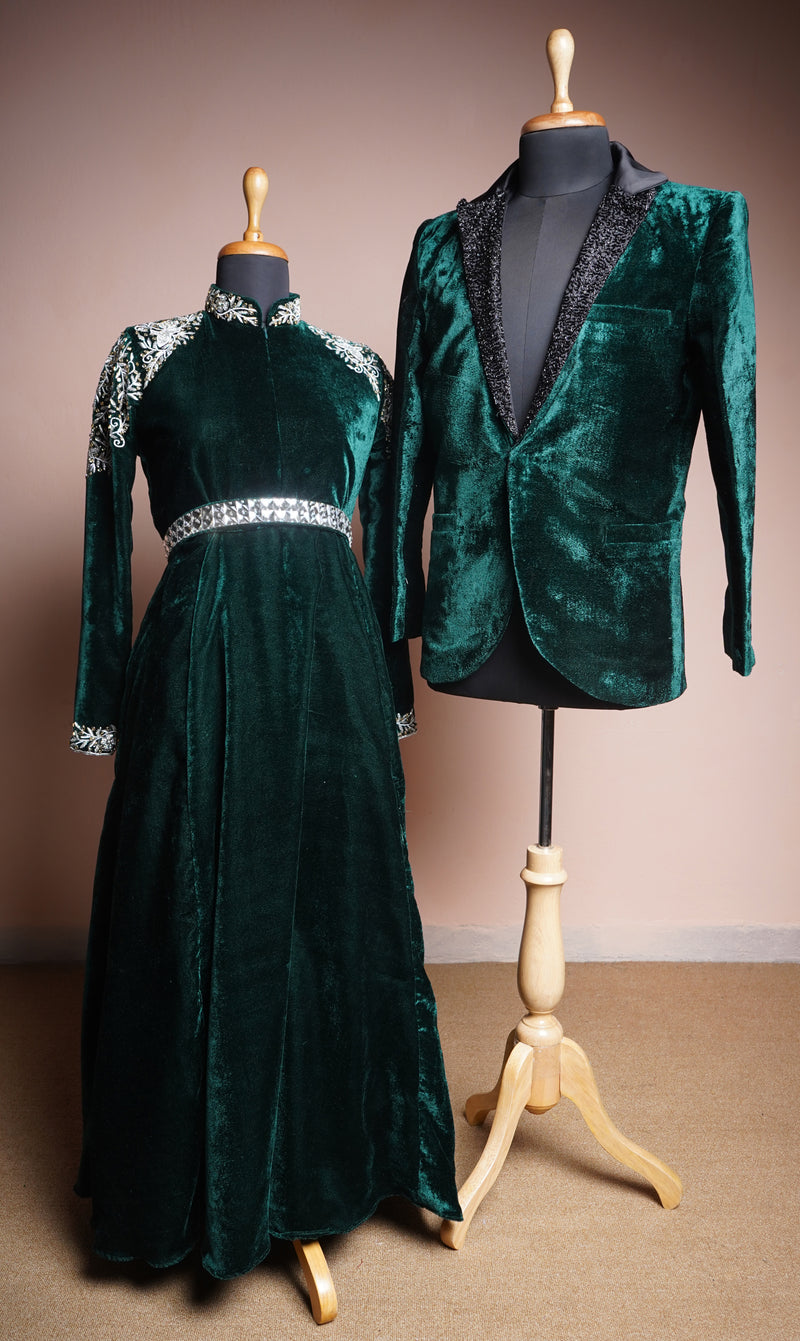 Bottle Green Velvet and Special Embroidery Work with White Stone Belt in Couple Clothing