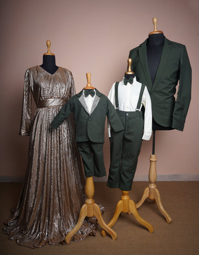 Metallic Bronze & Olive Green Family Outfit Set – Pleated Gown & Tuxedo-Inspired Blazers for Men & Boys