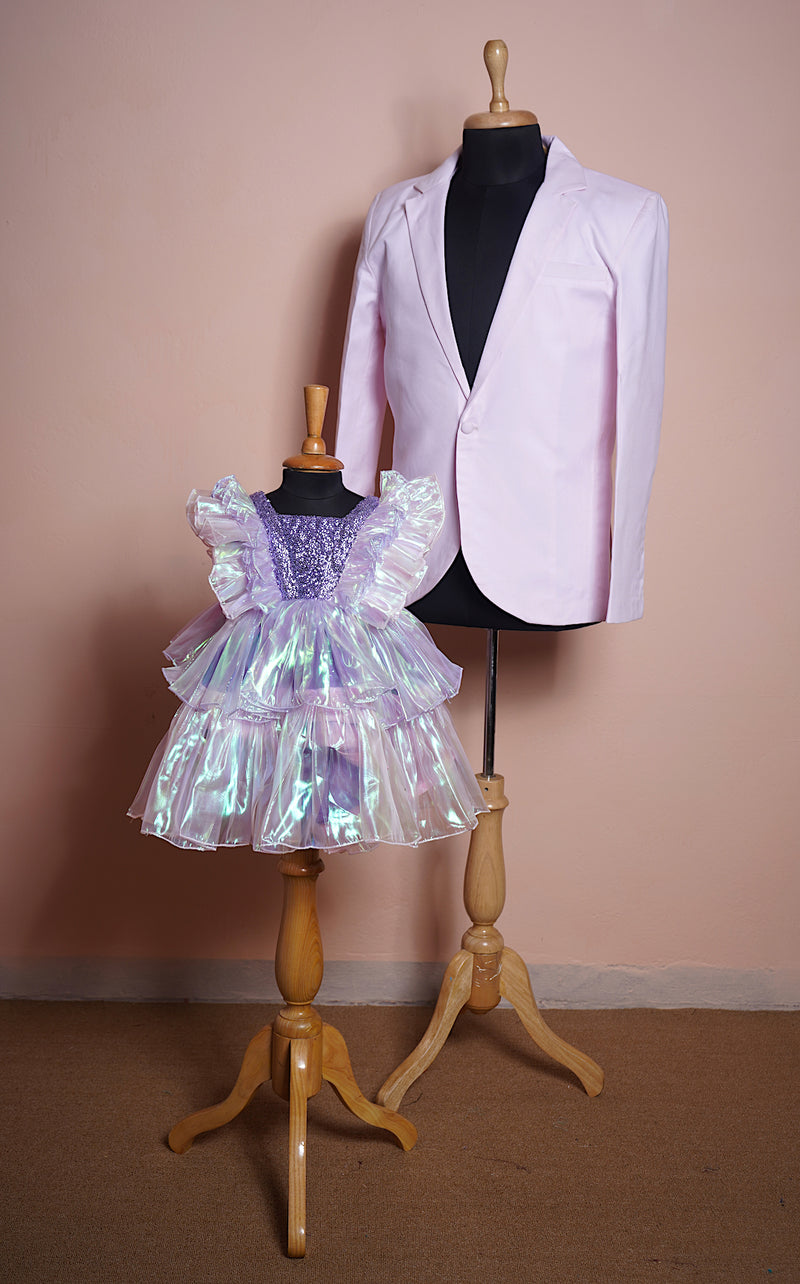 Light Pink Suiting Fabric and Lavender Sequin and Silk Organza Dad and Daughter Combo