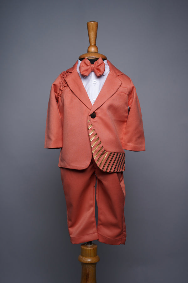 Orange suiting fabric with special smocking work and Gold metal Stripes work in Boy kid First Birthday Suit