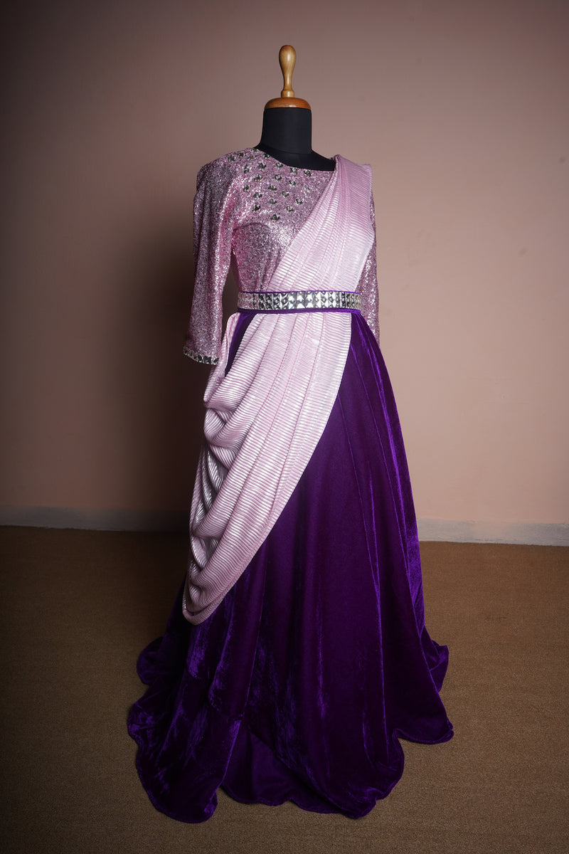 Violet Velvet and Pink Sequin and Foil Pleated with White Stone Belt Womens Reception Wear