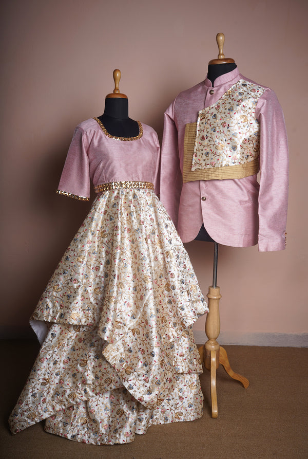 Pink and Gold Rawsilk and Grand Embroidered Fabric with Gold Stone work Couple Clothing