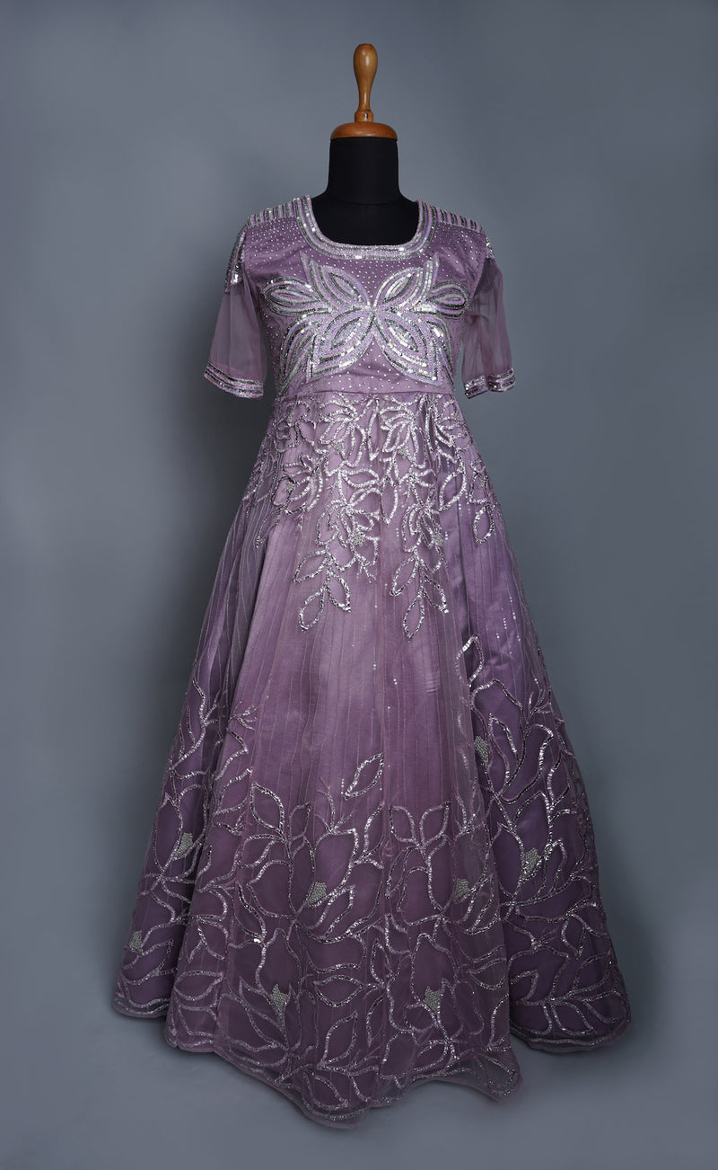 Lilac kali fabric and plain net with Special Sequin Embroidery Womens Reception Wear