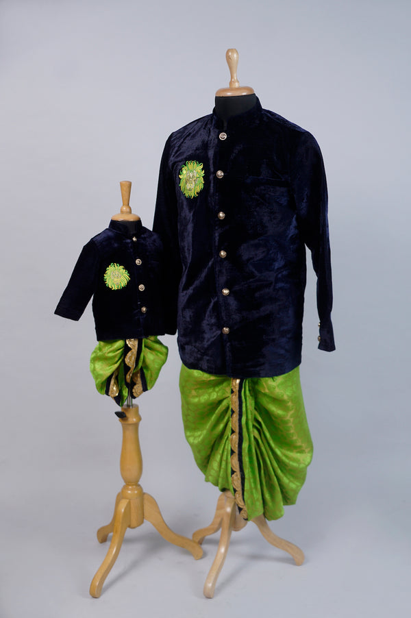 Navy Blue Velvet with Green Dad and Son Combo Matching Set