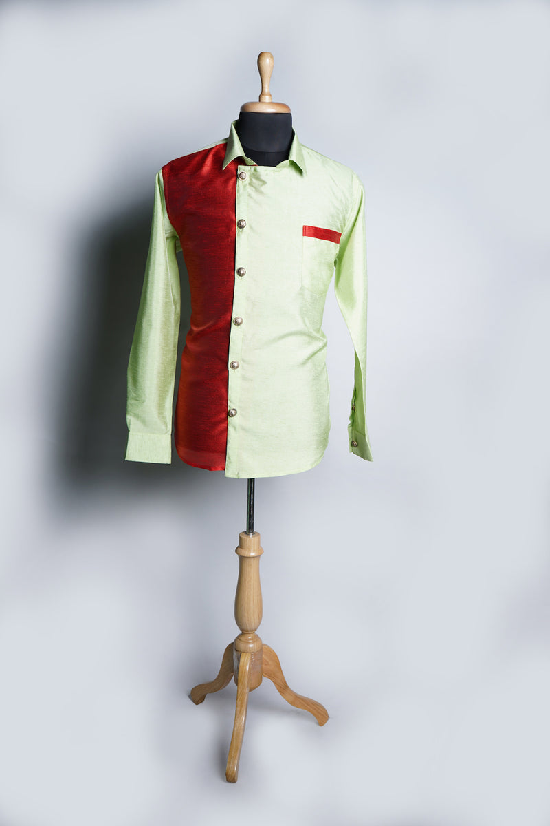Light Green and Red Rawsilk with Highlights in Mens Shirt