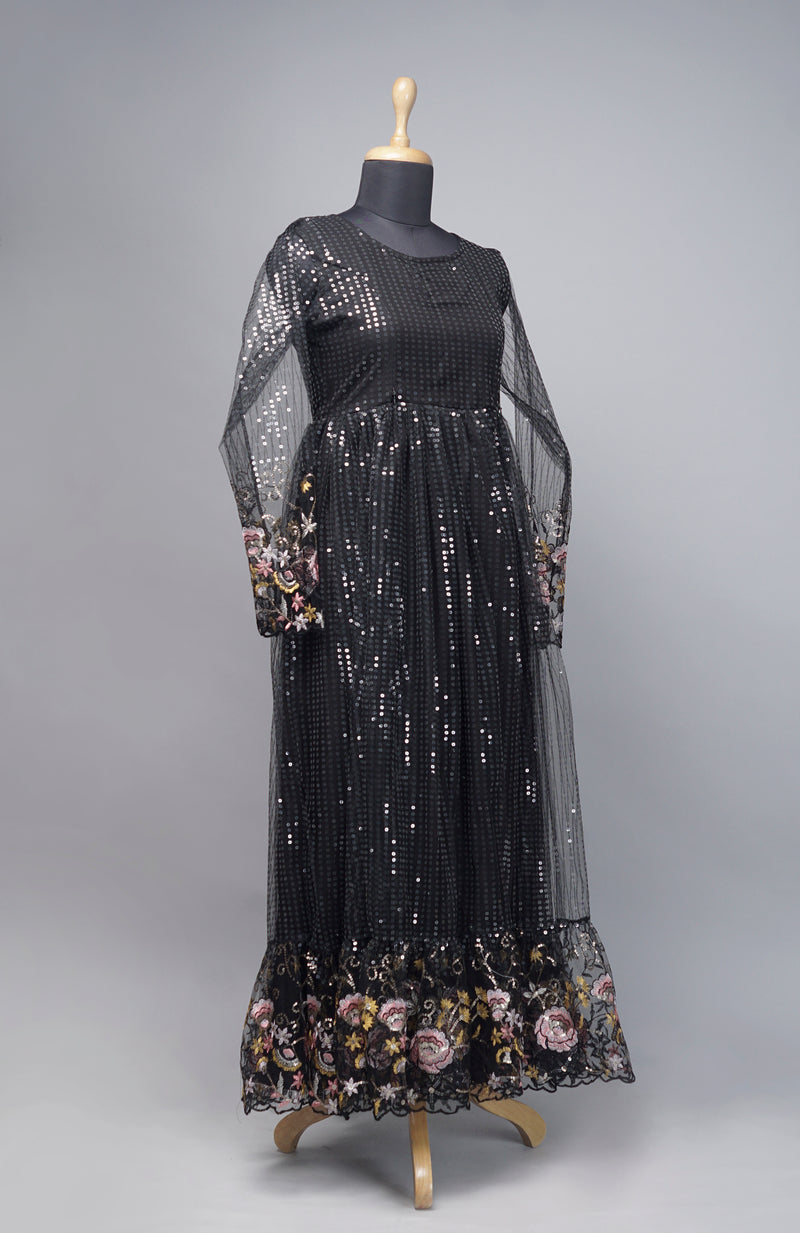 Black Flower Embroidery Women Full Dress