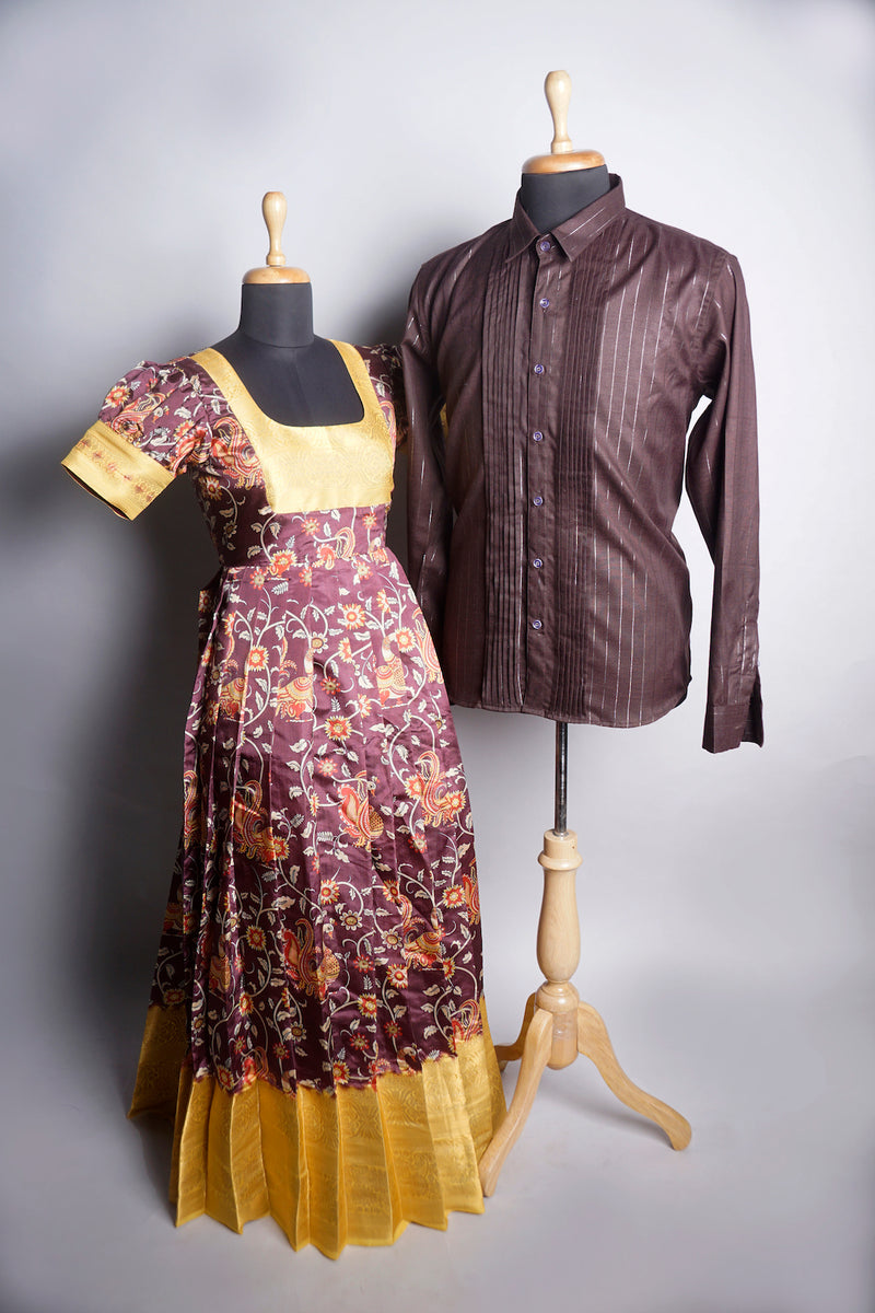 Brown Kalamkari with Yellow Border and Lurex Set in Couple Clothing
