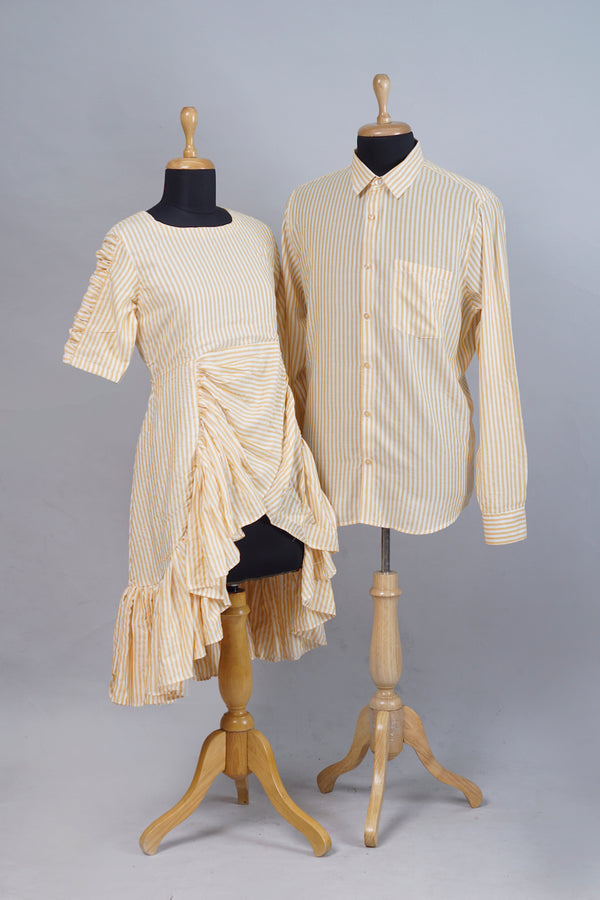 Yellow Striped Cotton Casual Family Combo Matching Set