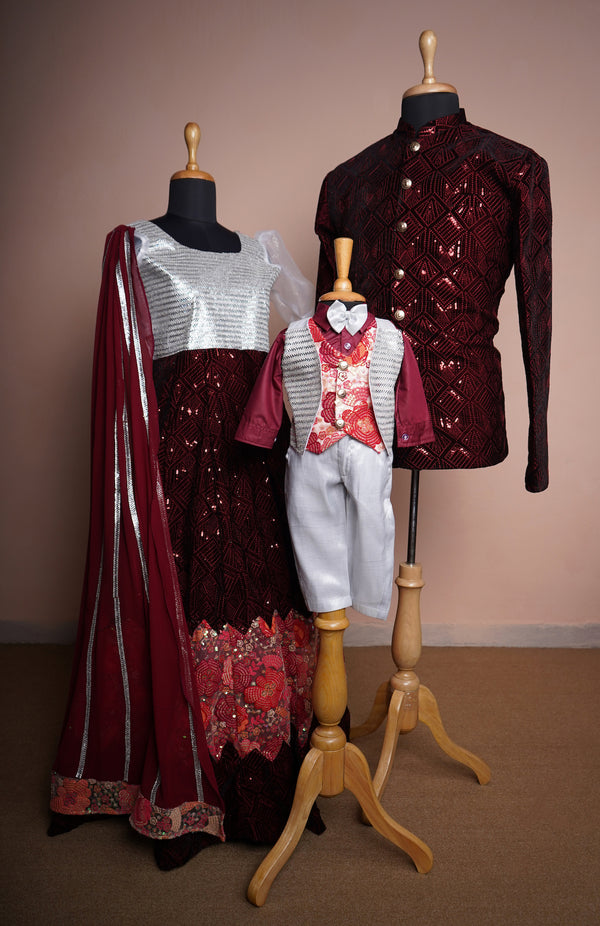 Maroon Sequin Embroiderded Velvet and Embroidered Kali and Plain Georgette with Special Stone work in Family Clothing