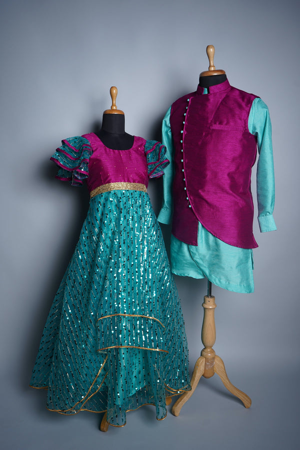 Light Purple and Aqua Green Sequin Embroidery net and Rawsilk in Couple Clothing