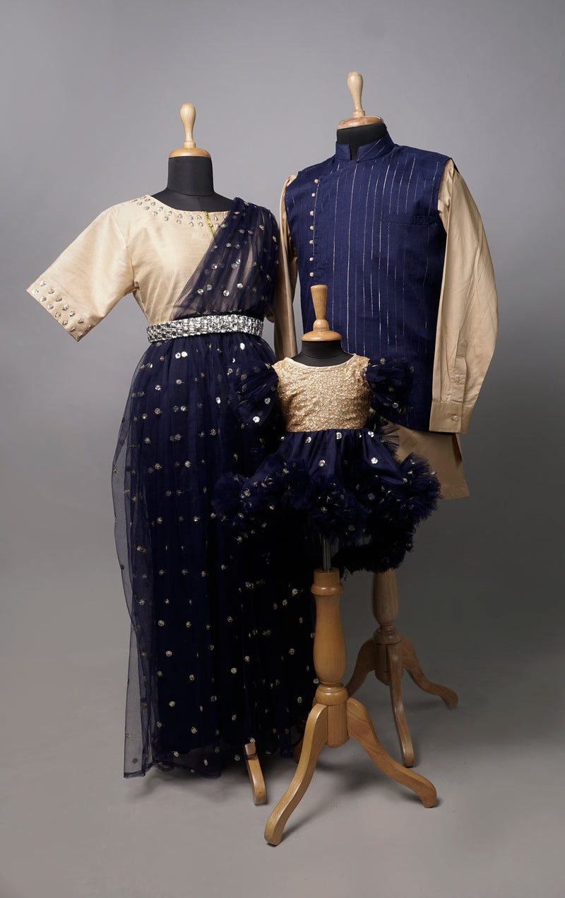 Navy Blue & Champagne Gold Matching Family Set Elegant Wedding Wear for Parents & Kids Anveshana Clothing Navy Blue & Champagne Gold Matching Family Set Elegant Wedding Wear for Parents & Kids Anveshana Clothing
