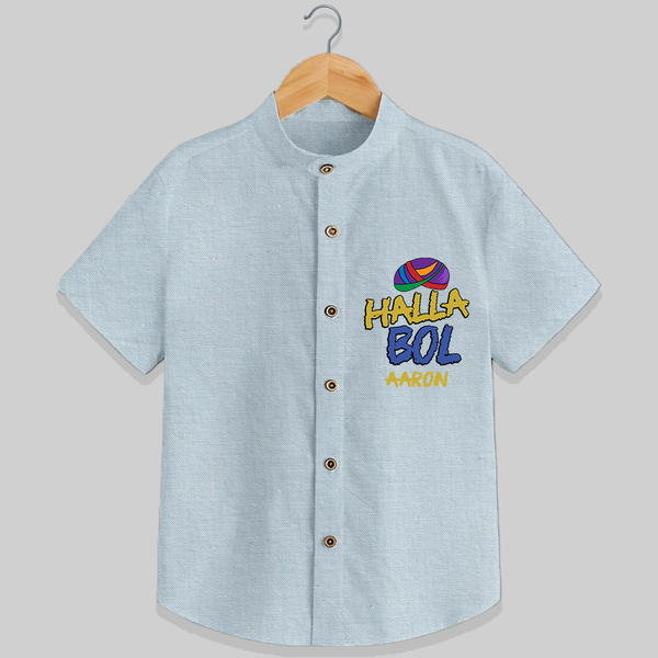 "Halla Bol" Customisecd Shirt For Kids - PASTEL BLUE CHAMBREY - 0 - 6 Months Old (Chest 23")