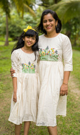 Mom and Daughter Hand Embroidered Matching Dress with Free Hair Ties