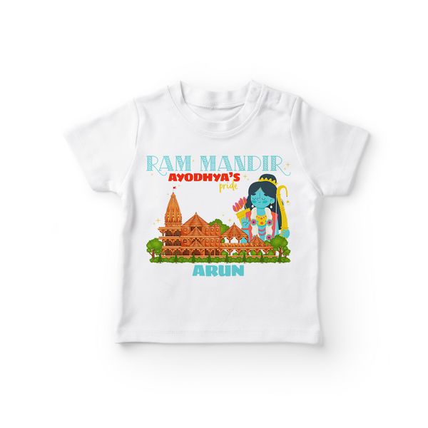 White coloured baby T Shirt with Ram Mandir themed designed with custom baby name 