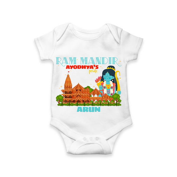 White coloured baby romper with Ram Mandir themed designed with custom baby name 