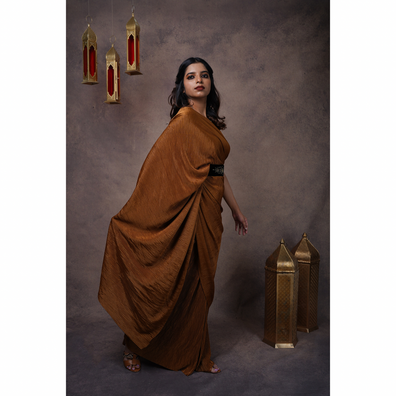 Brew in Gold Pleated Saree - With One Minute Saree Option
